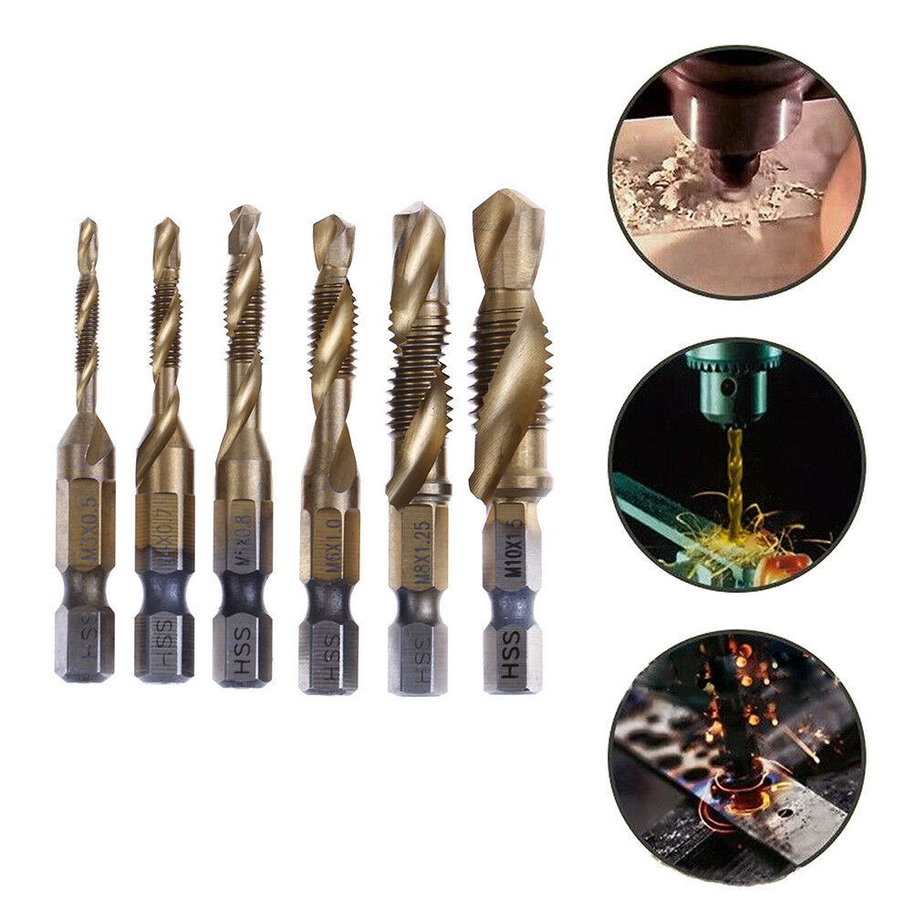 6pcs Hex Shank Titanium Plated Screw Thread Drill Bits Set Compound Tap M3-  Qx