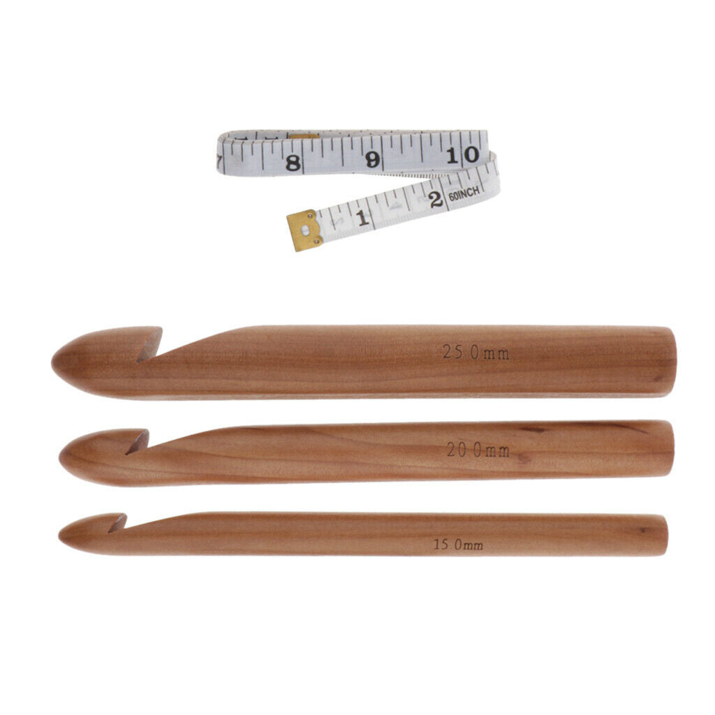 3pcs Wooden Large Chunky Crochet Hook Needle with Sewing Soft Tape DIY Craft