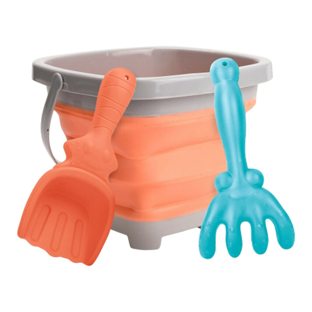 3x Summer Folding Beach Plastic Buckets Set with Rake and Shovel Sand for