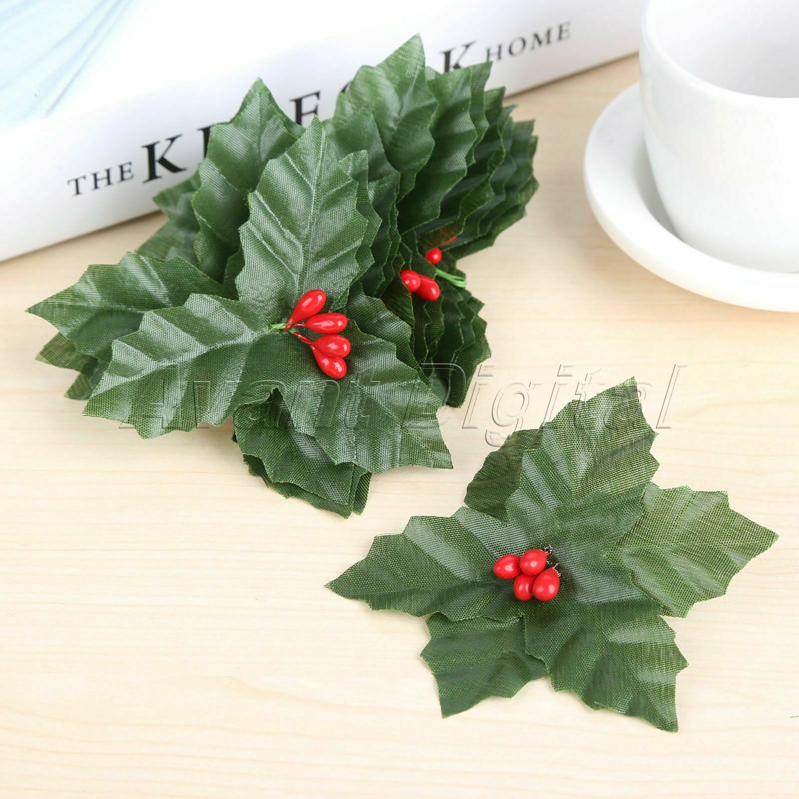 Decoration Artificial Leaf Mini Holly Berries Christmas Flower Silk Leaves 10Pcs