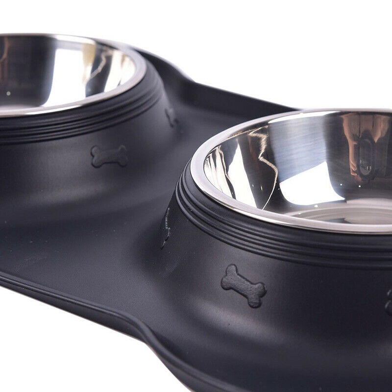 Pet Dog Double Feeder Bowl Stainless Steel Silicone Mat Food Water Bowl Set^DD