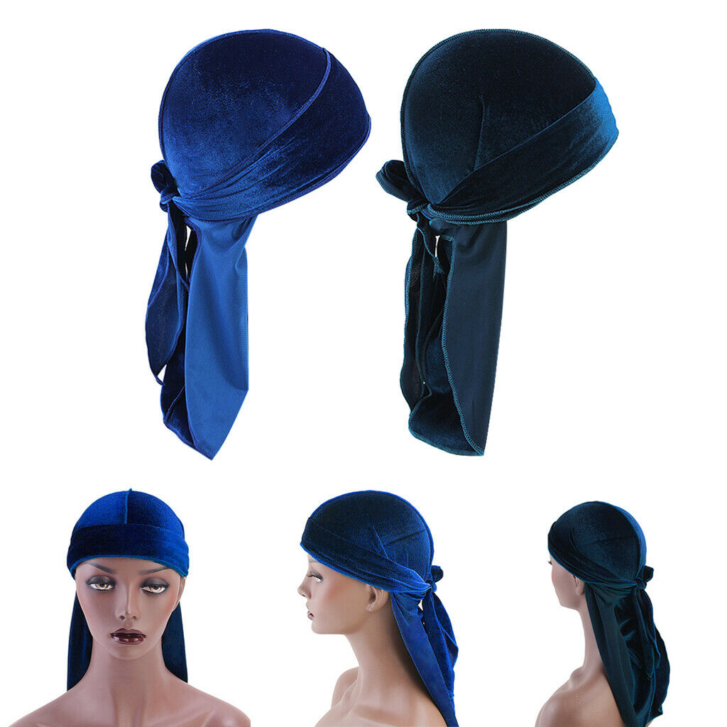 2 Pcs Unisex Trendy Velvet Bandana Hat Long Tail Headwear Beanie Chemo Hat