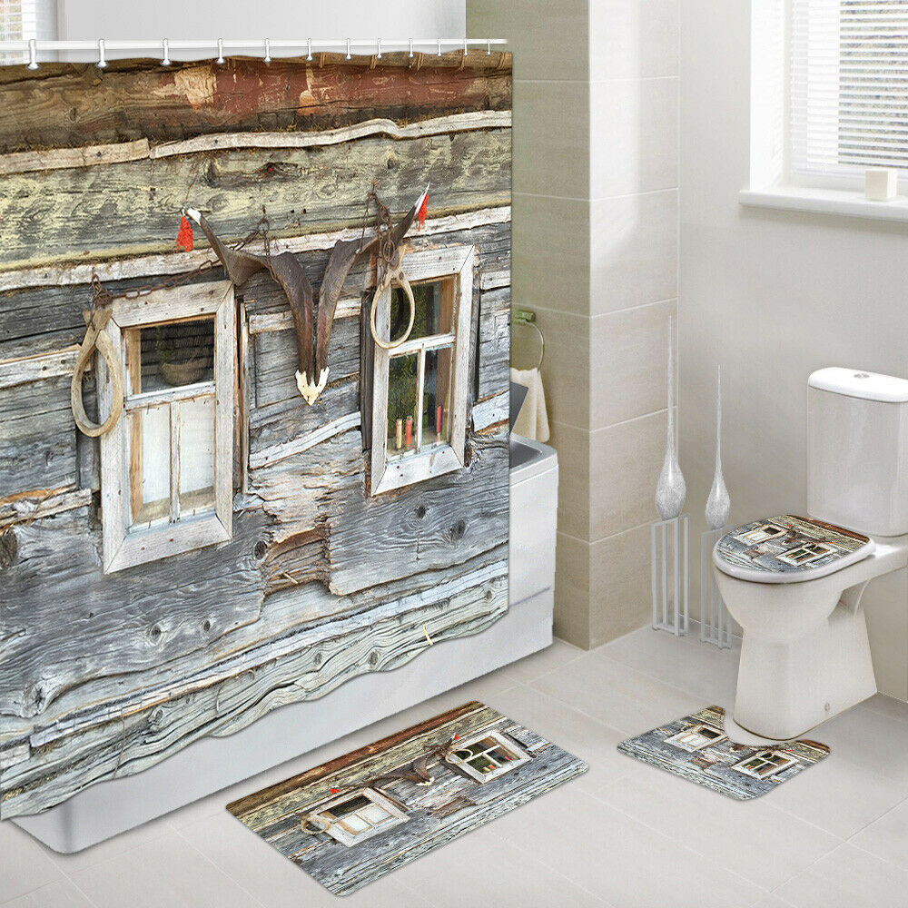 4PCS Rustic Wood Farm House Shower Curtains Sets with Toilet Cover Rugs Bath Mat