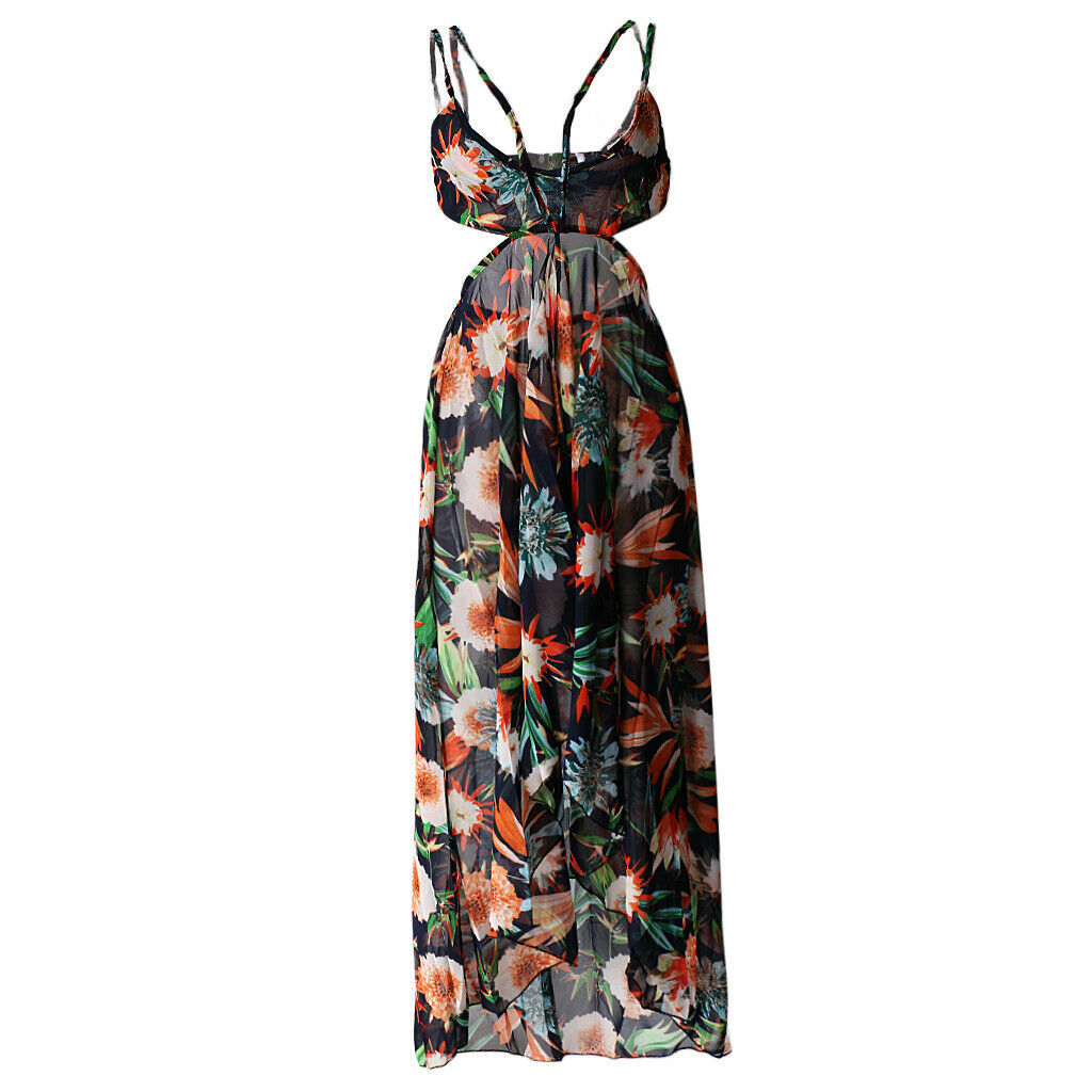 Women's Split Floral Spaghetti Strap Beach Party Maxi Dress M Orange Black