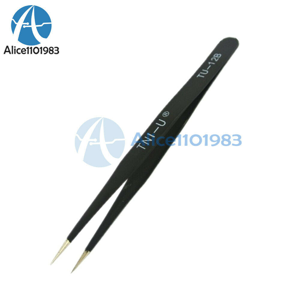 Stainless Steel Black Elastic Anti-static Tip Straight Tweezer TU-12B