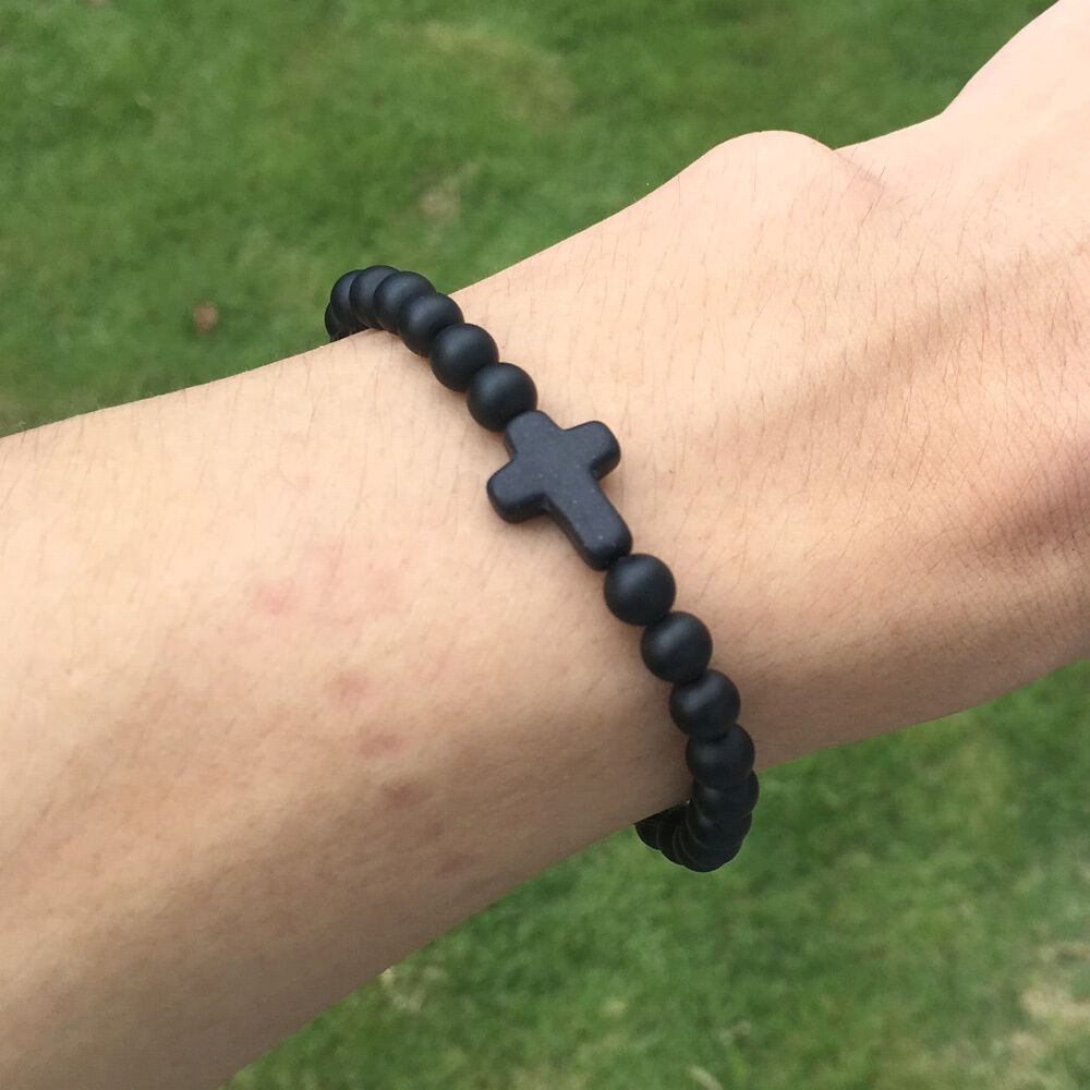 Matte Onyx Stone Cross Yoga Beaded Bracelet Boyfriend Gift Jewelry Men Wristband