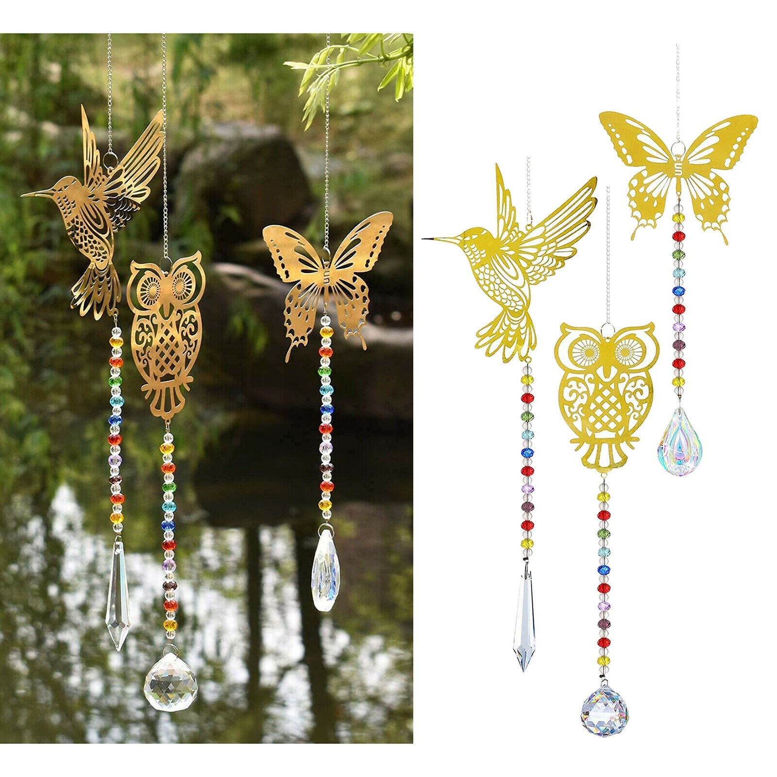 3Pcs Crystal Suncatcher Faceted Ball Owl Rainbow Maker Feng Shui Decor