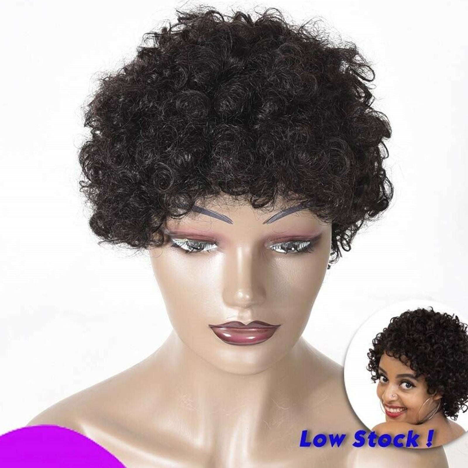 Women's Short Curly Wig w/Bangs Pixie Cut 150% Density Black Synthetic Hair