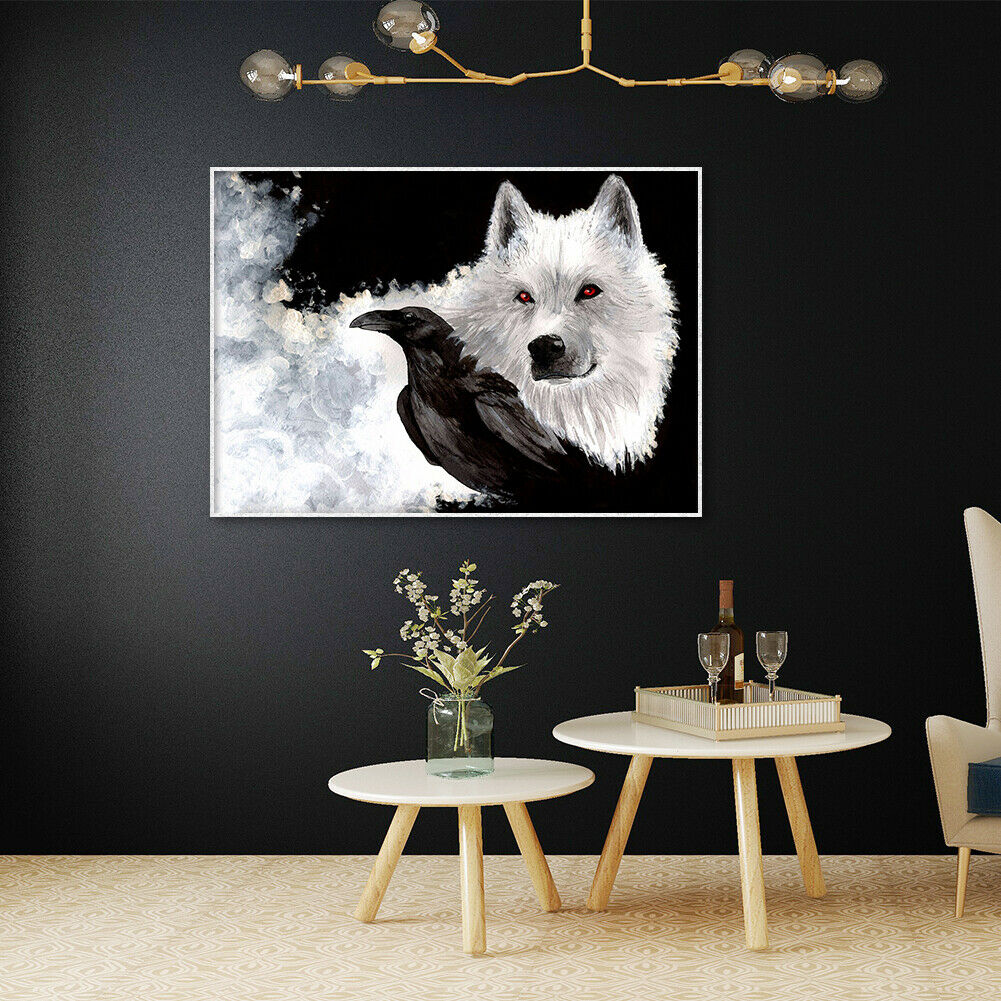 5D DIY Diamond Painting Wolf Black Bird Full Round Drill Canvas Drawing Kit @