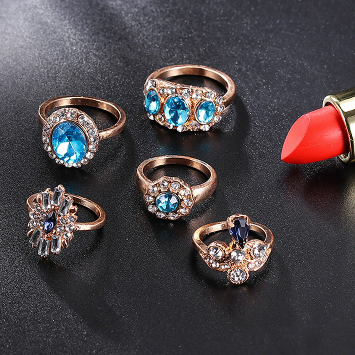 11 Pcs/set Women Blue Sapphire Geometry Round Water Drops Flower Ring Set