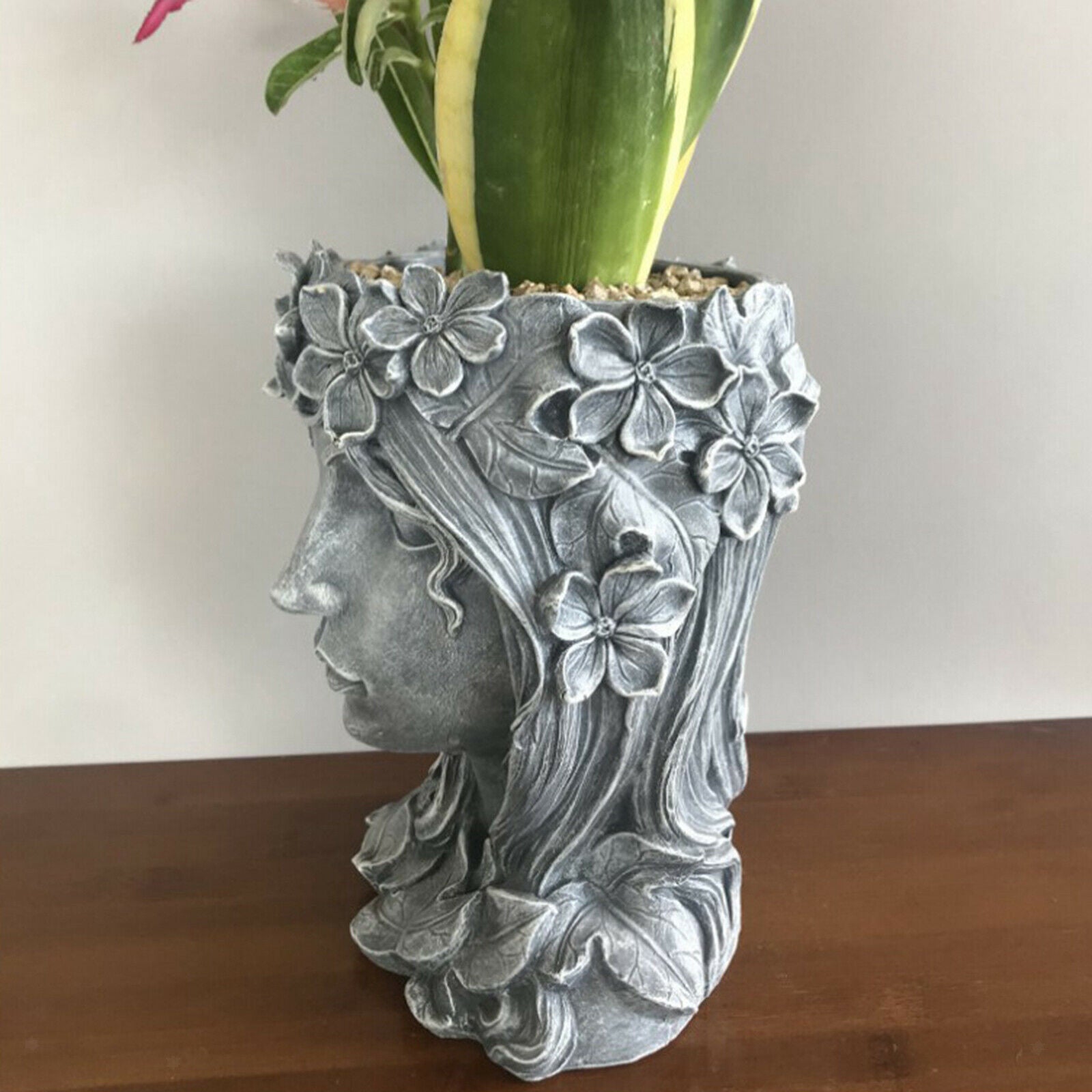 Face Sculpture Succulent Cactus Head Flowerpot Plant Pots Container Gray