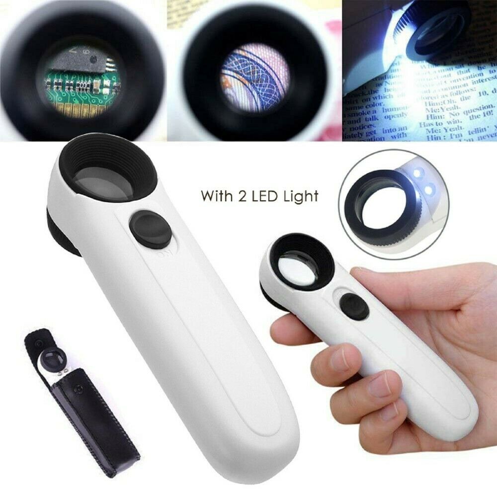 40X Handheld Magnifying Glass with 2 LED Light Magnifier Jewelry Loupe Lens