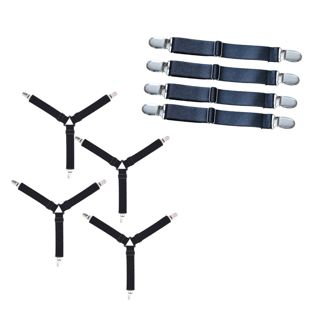 8 Pieces Black Bed Sheet Grippers Suspenders Fastener Clips 3-Head & 2-Head