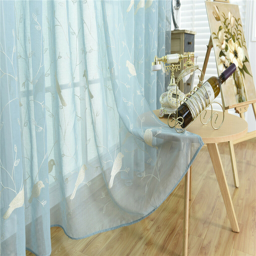 Elegant Embroderied Birds Sheer Window Curtain Voile Drapery Panel 39''x98'' Rod