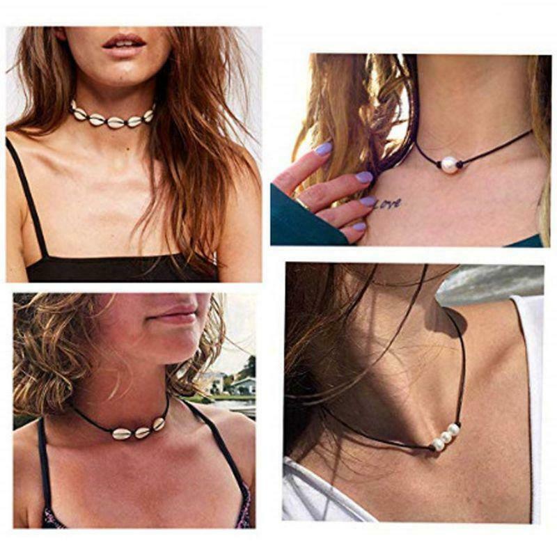 4Pcs Natural Sea Shell Pearls Choker Necklace Adjustable Hawaiian Beach Jewelry