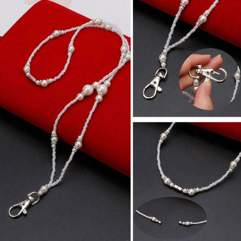 White Pearls Bead ID Badge Holder Lanyard Necklace with Magnetic Breakaway Clasp