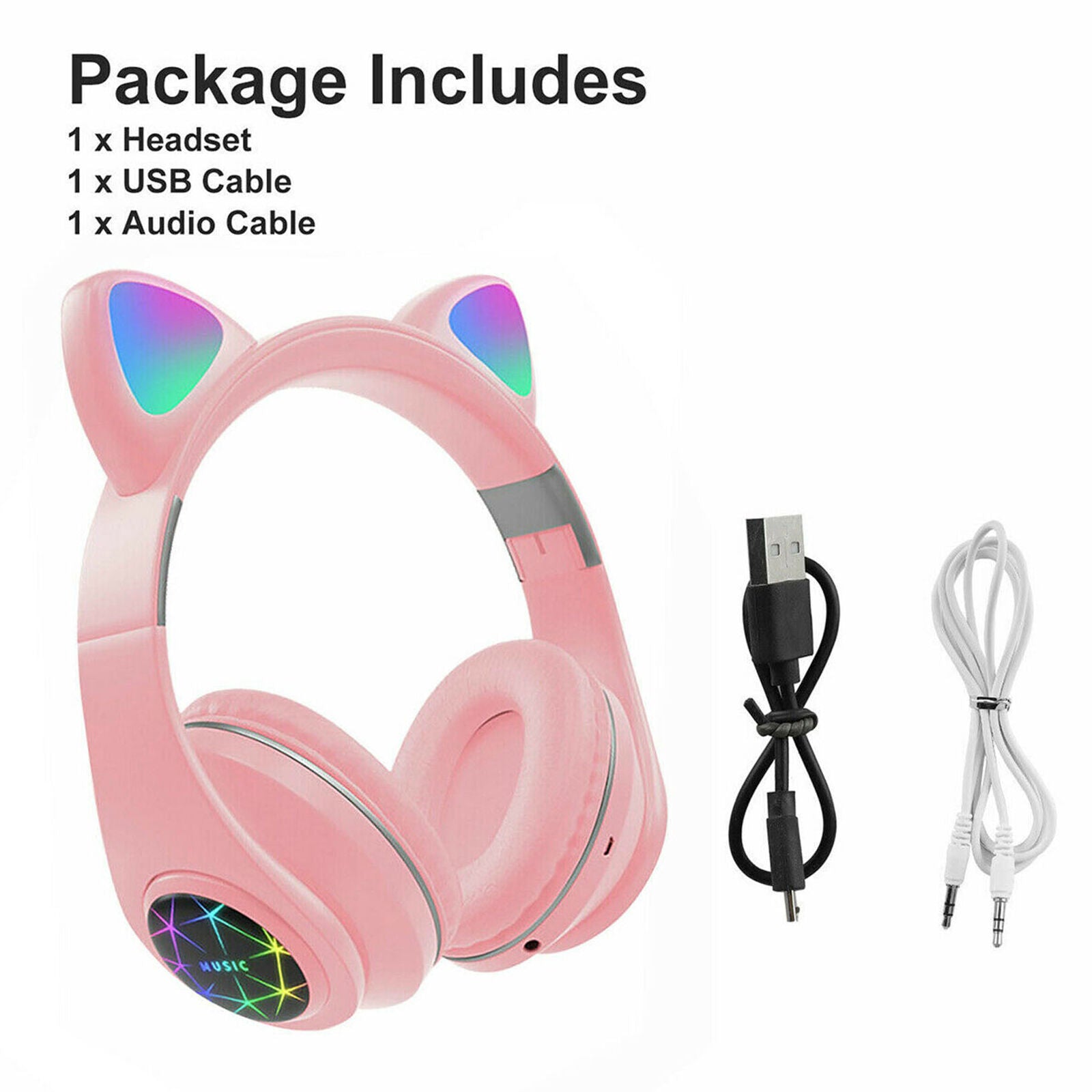 Bluetooth Wireless Cat Rabbit Ear Headsets LED w/Mic Headphones For Girls Gift