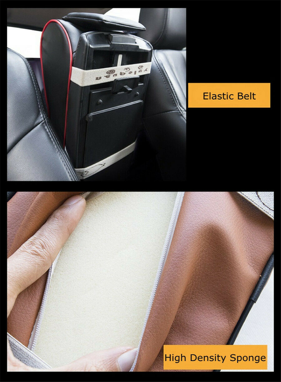 Beige PU Leather Car SUV Center Armrest Box Cover Arm Pad Storage with Pouch Bag