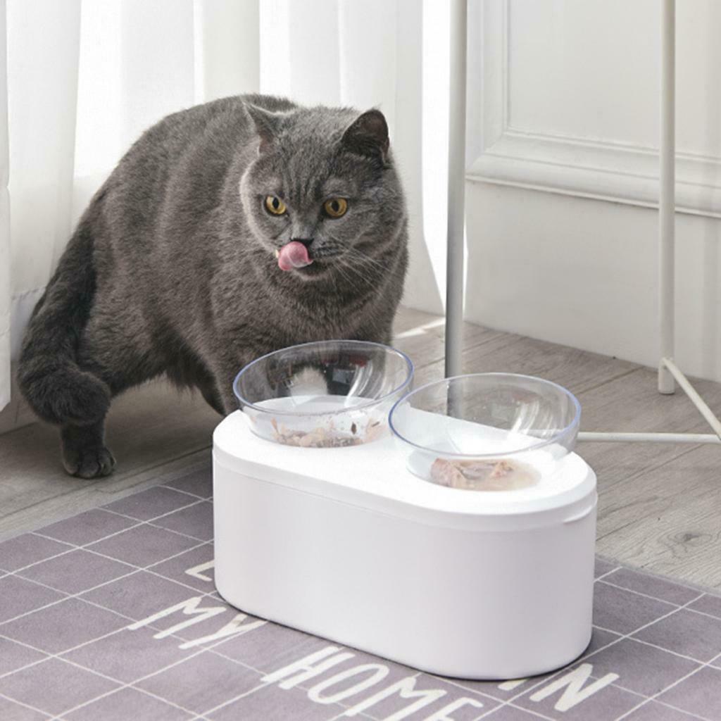 Elevated Raised Pet Cat Double Bowl Food Water Stand Food Can Snack Storage