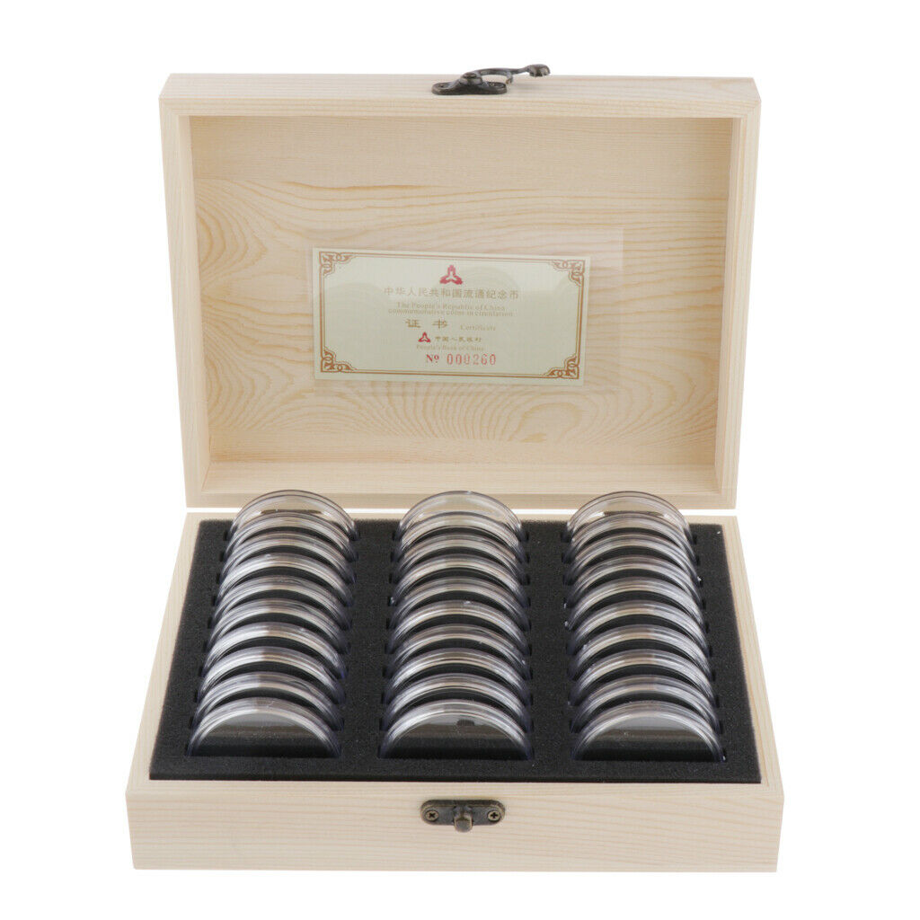 30pcs Transparent Coin Capsules Protection Display Holders with Wooden Box for
