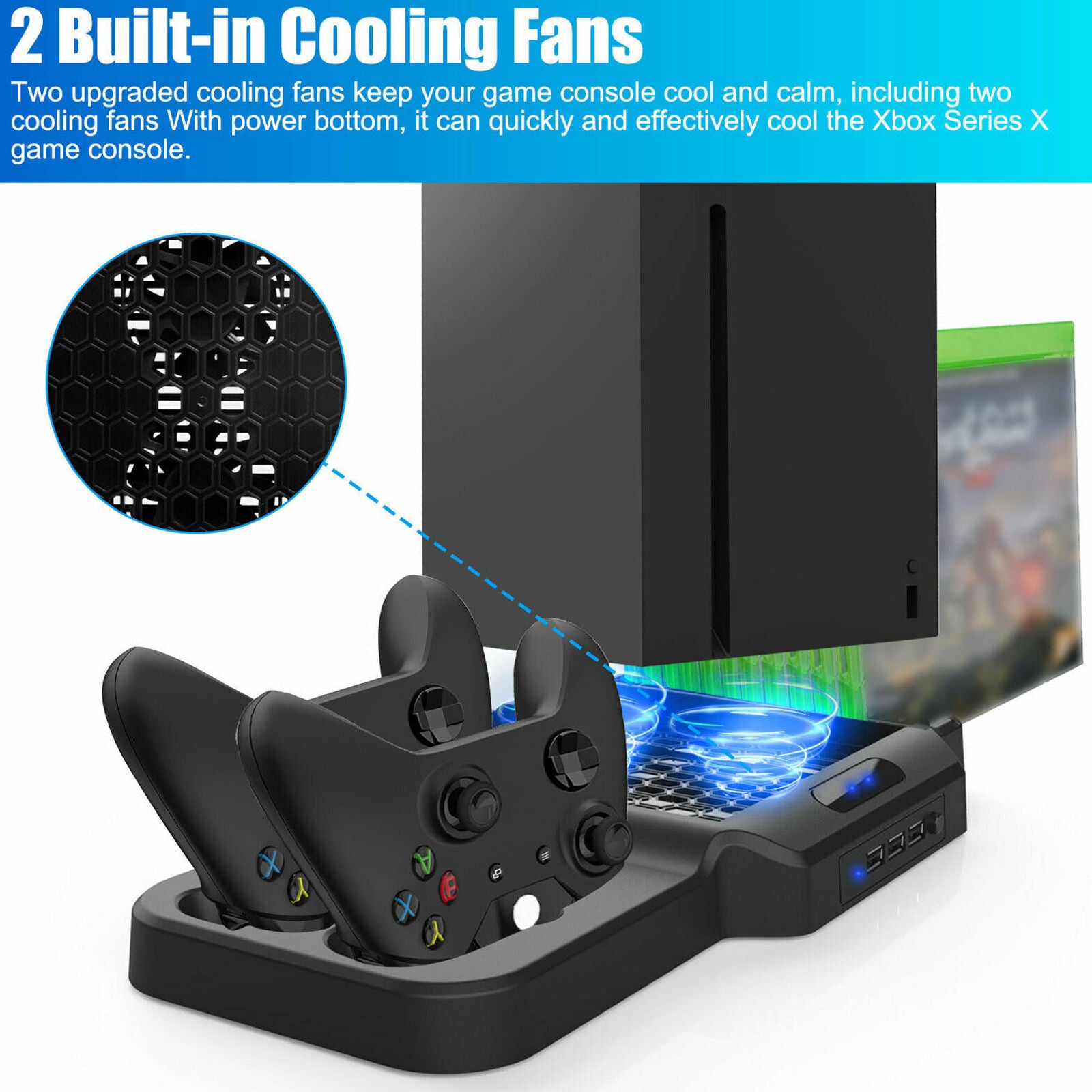 For Xbox Series X Console Vertical Stand+Cooling Fan+Controller Charger+USB Hub