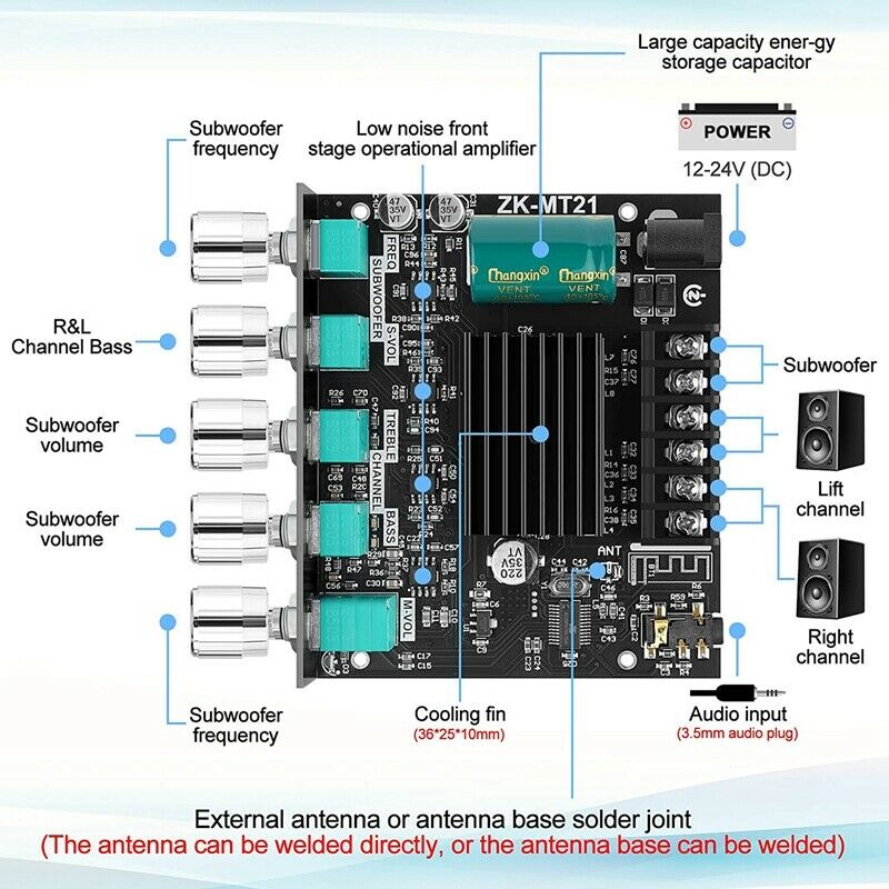 ZK-MT21 2.1 Channel Bluetooth 5.0 Subwoofer Amplifier Board 50WX2+100W PowerN8P2