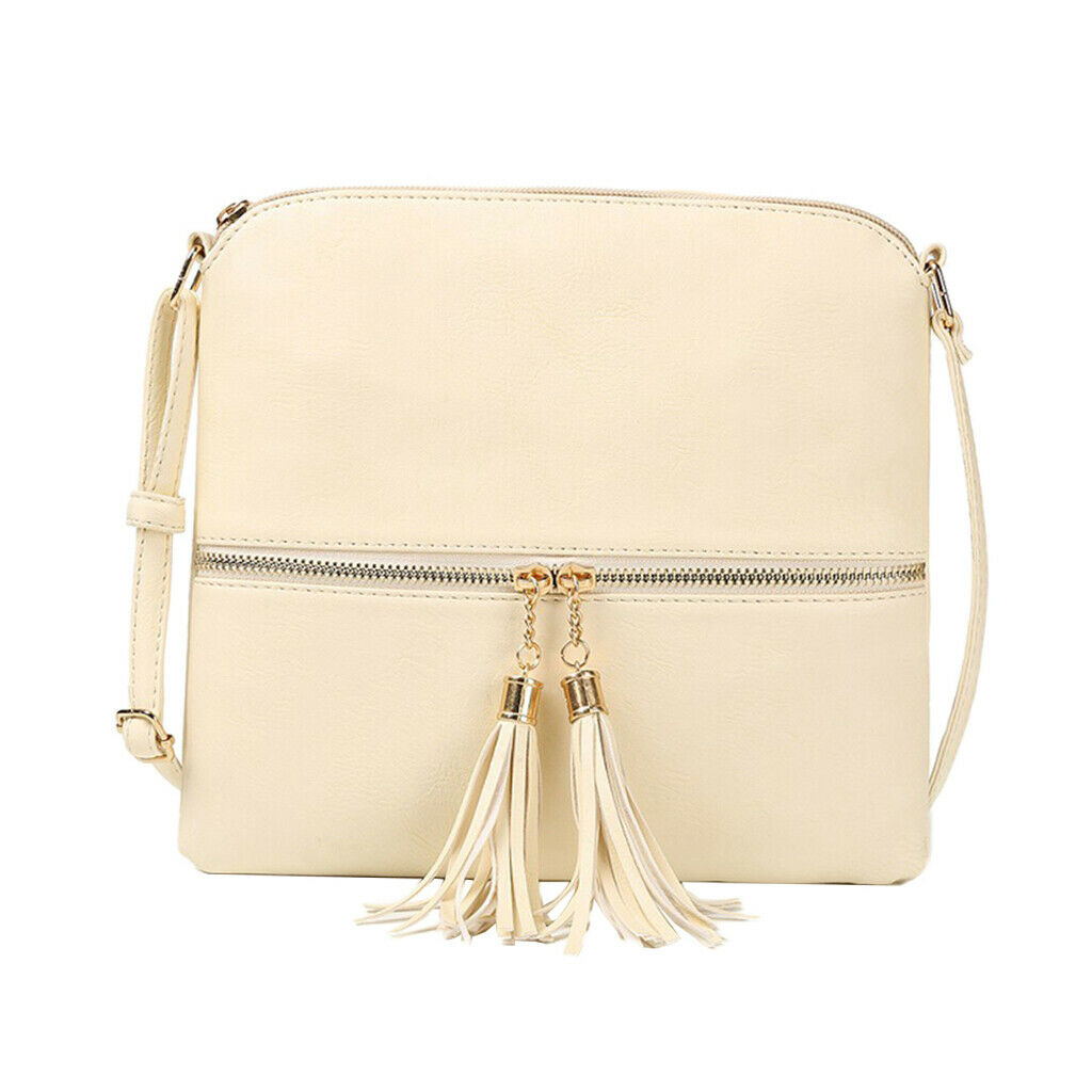 Women's PU Leather Tassel Zipper Bag Shoulder Messenger Bags Creamy
