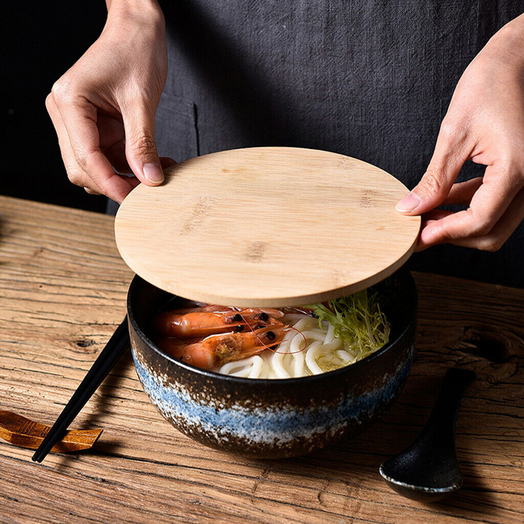 2X Ceramic Japanese Ramen Bowl Large Porcelain Bowl with Lid and Spoon Ramen