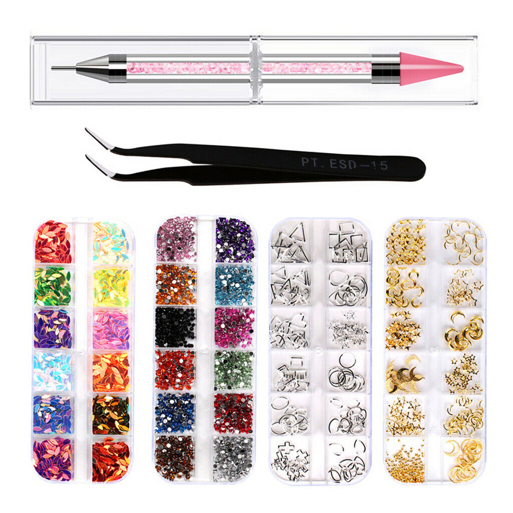 6Pcs Nail Art Tips Rhinestones Charms Glitters Beads Tweezer Dotting Tools