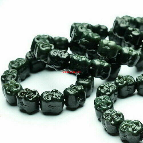 Certified Natural Hetian Dark Green Jade Happy Buddha Head Bead Bangle Bracelet
