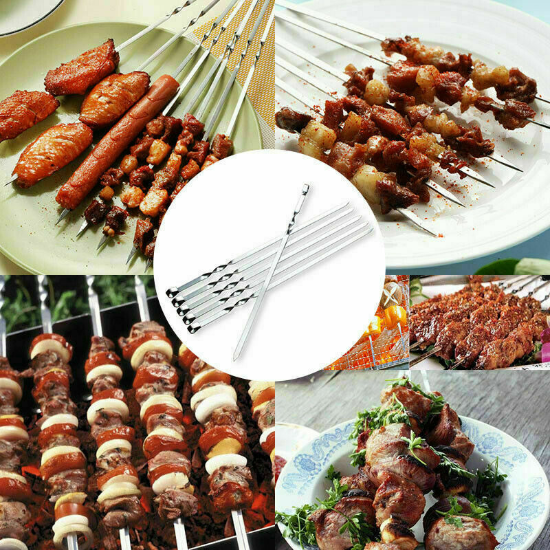 12x Kabob Skewer Flat Metal BBQ Barbecue Skewer Stainless Steel Shish Skewers