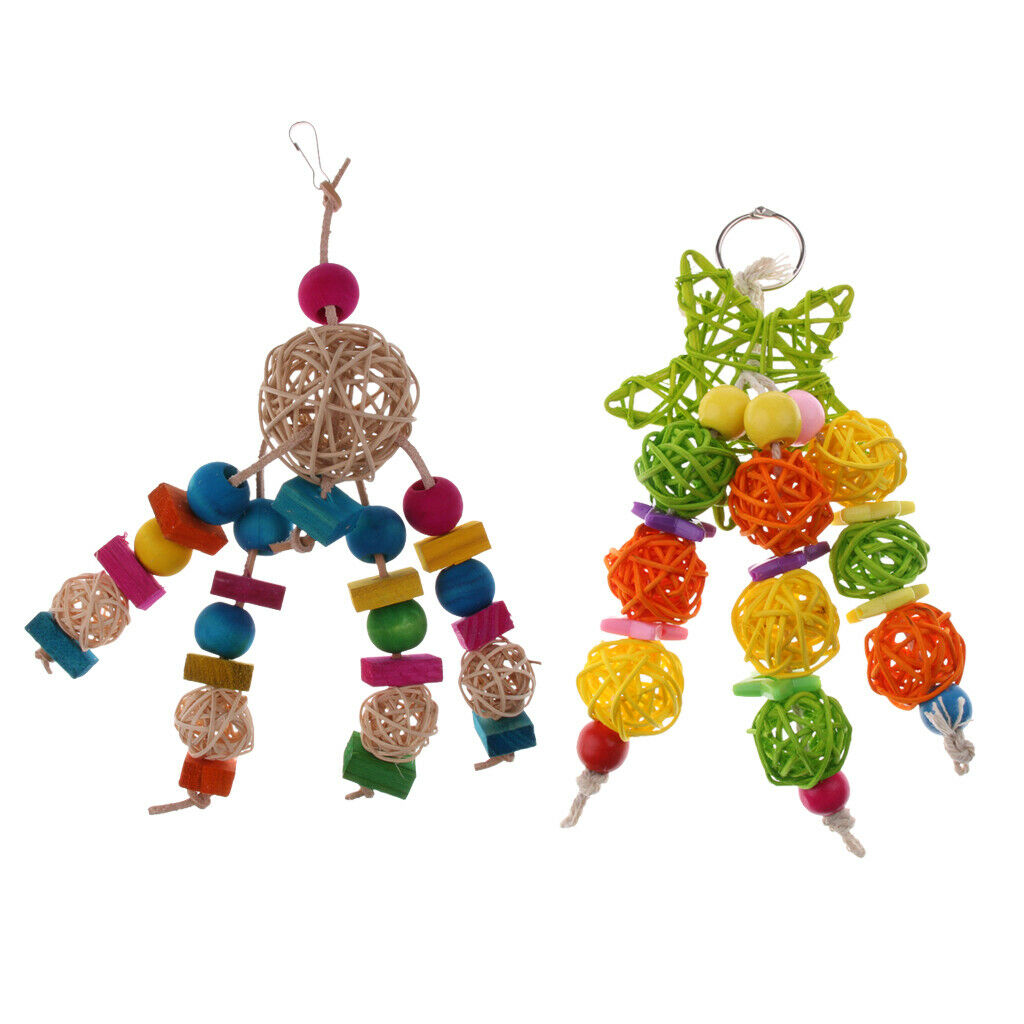 2 x Hanging Parrot Chewing Toys with A Bell - Multicolored Wooden Blocks Tearing