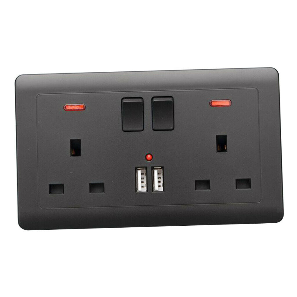 2 Gang 13A British Wall Switch Double Sockets with 2 Ultra USB Outlet Black