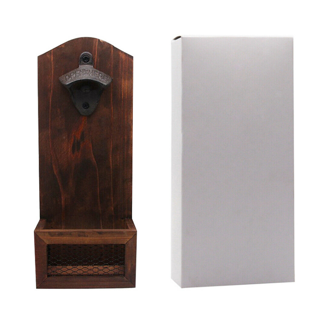 Bar Rustic Wooden Retro Wall Hanging Bottles Opener W/   Catcher Holder