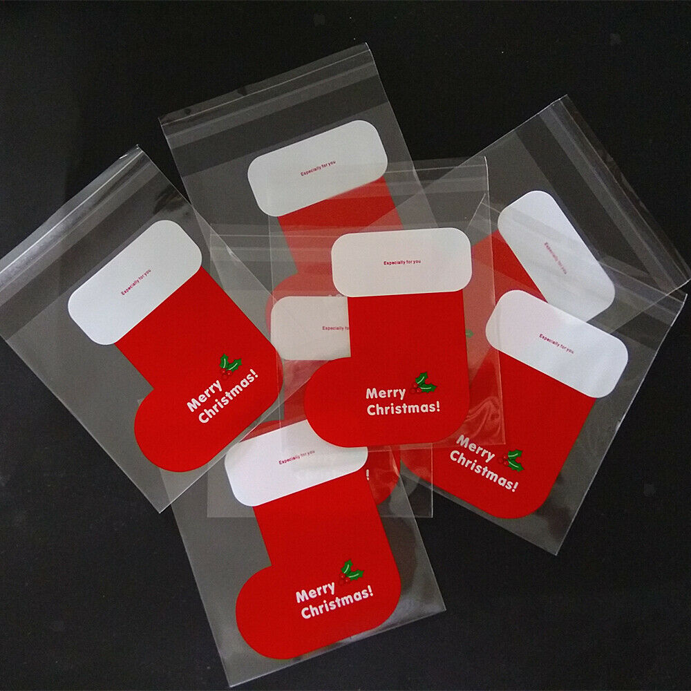 100 Pcs Christmas Socks Cookie Bakery Candy Biscuit Treat Gift Plastic Bag