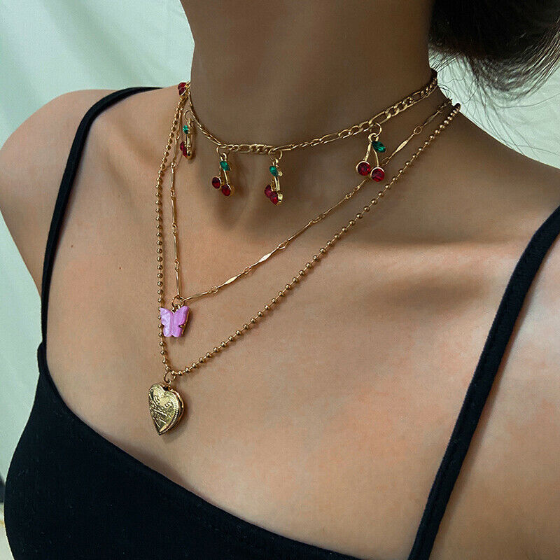 Acrylic Butterfly Heart Pendant Necklace Women Multilayer Cherry Choker J.l8