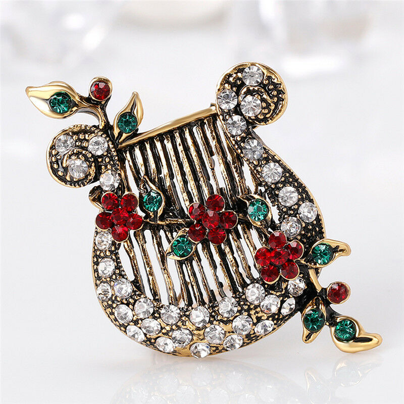 Christmas Crystal Enamel Brooch Pin Harp Lute Collar Rhinestone Brooch Jewelr Qx