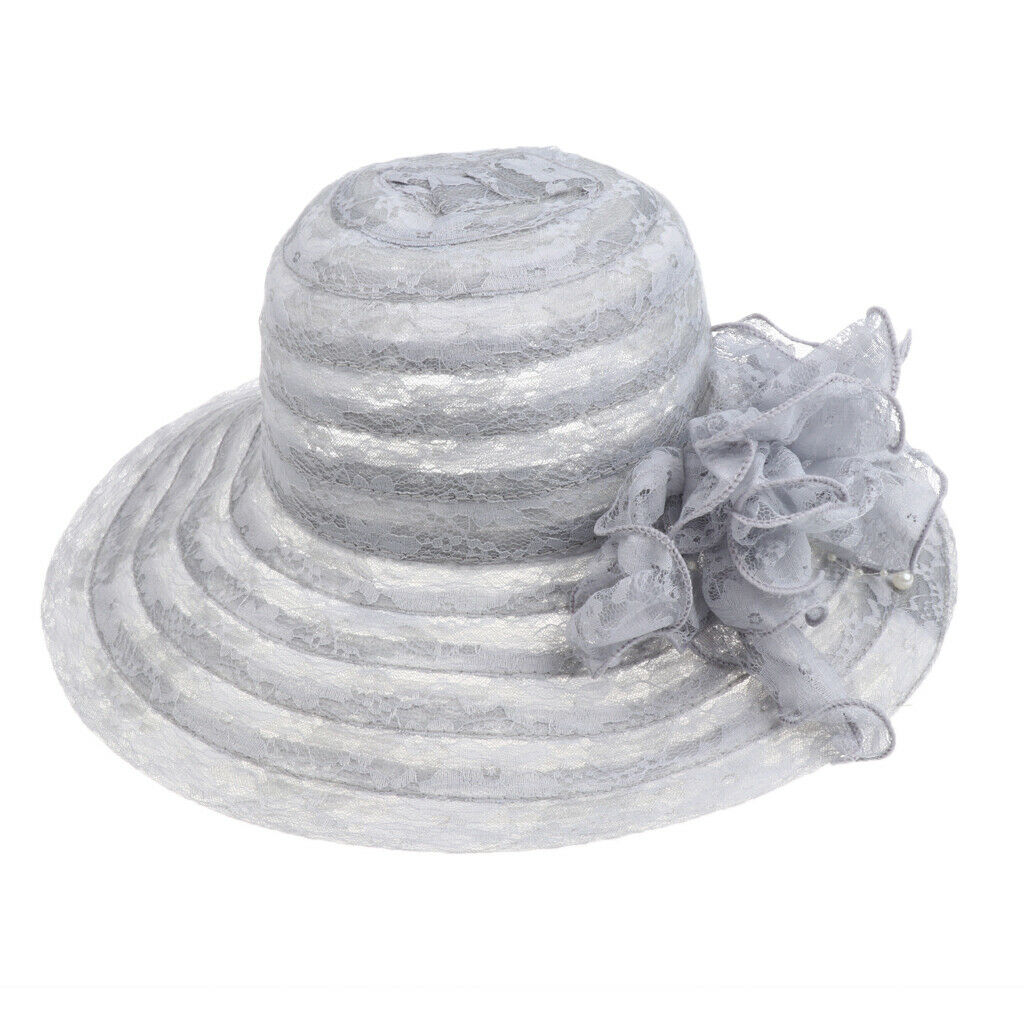 Fashion Women Elegant Lace Flower Derby Sun Hat Party Wedding   gray