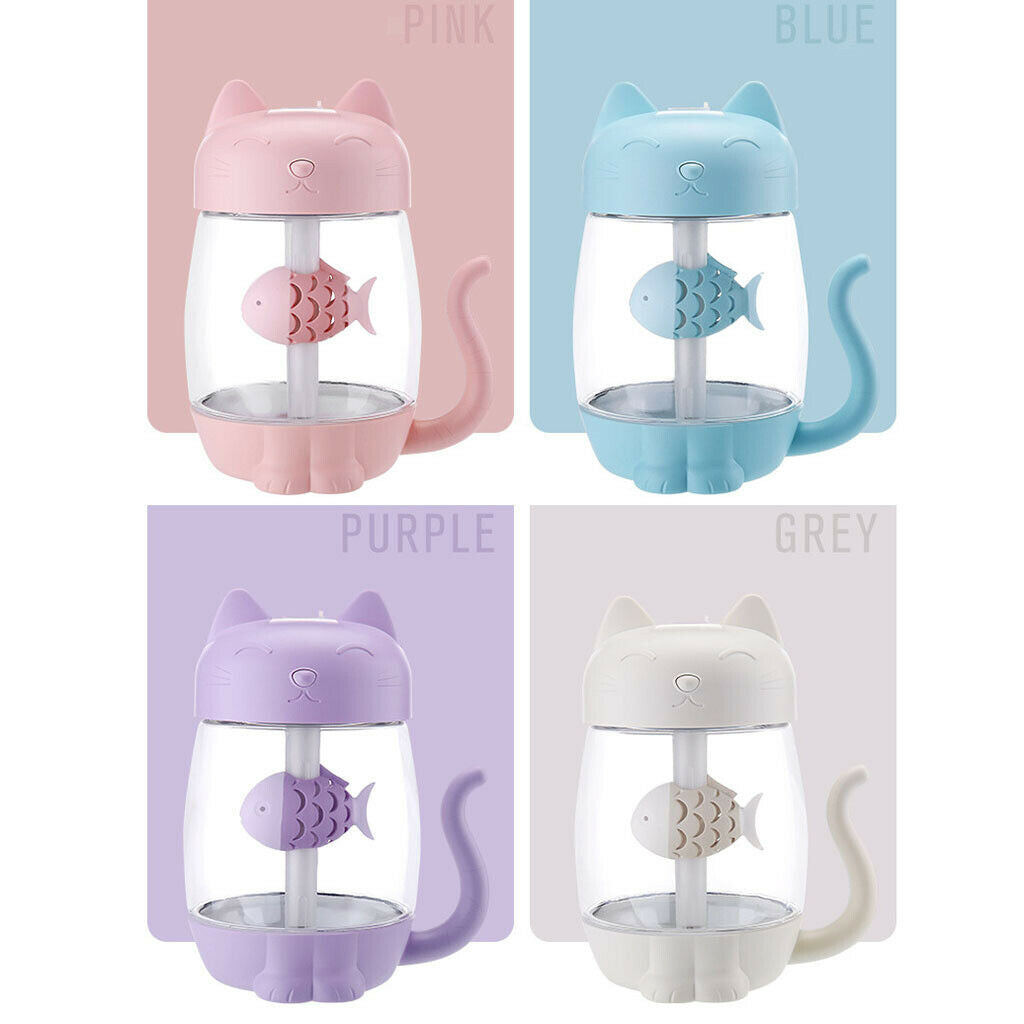 2x Portable Mini Cat Humidifier Fan LED Light for Car Home Desk Purple+Blue