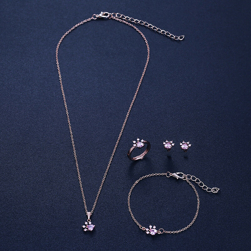 4X Footprints Paw Jewelry Set Crystal Necklace Bracelet Ring Earings Hot .l8