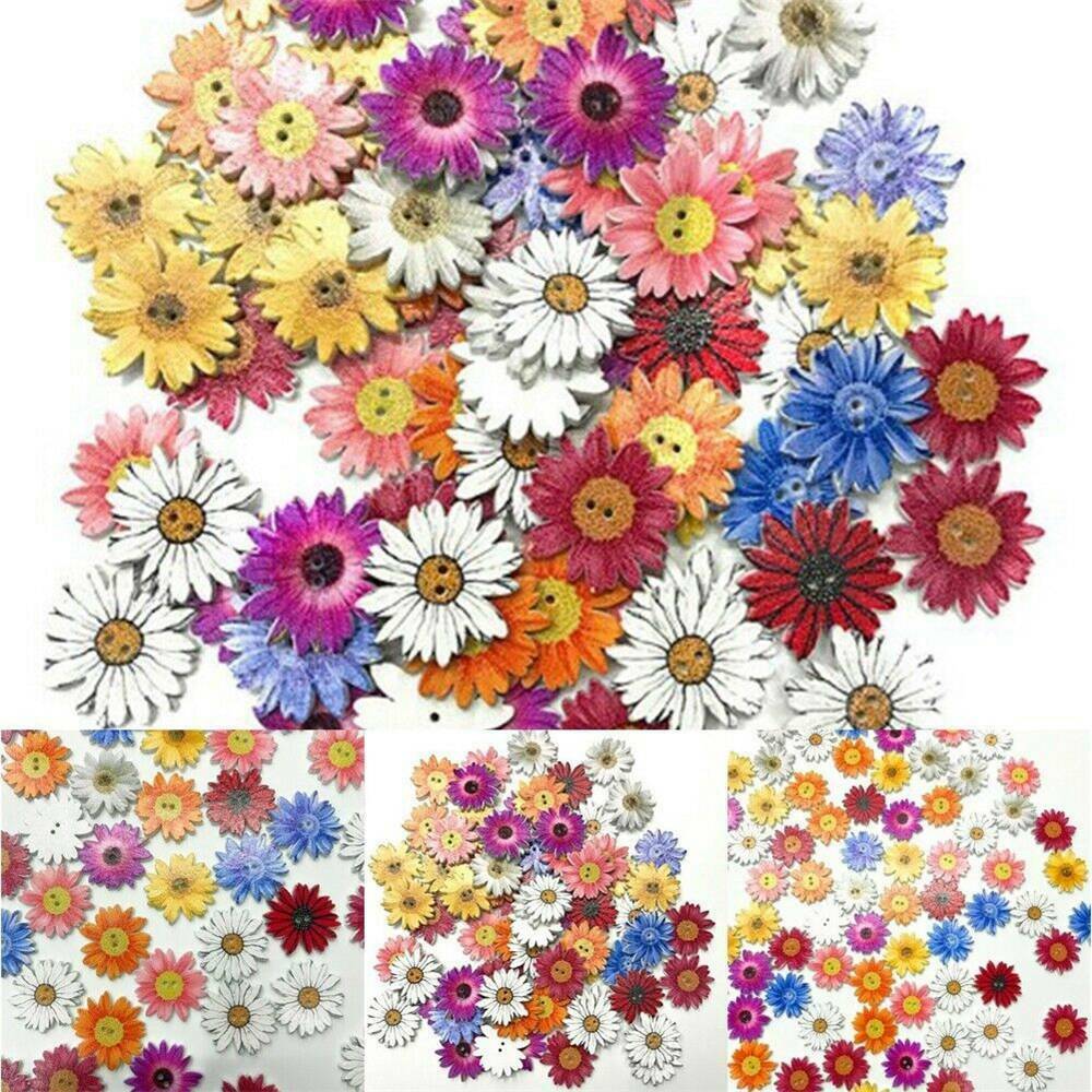 Lots 50Pcs Wooden Buttons Sewing 2-holes Scrapbooking Button Crafts Flower Shape