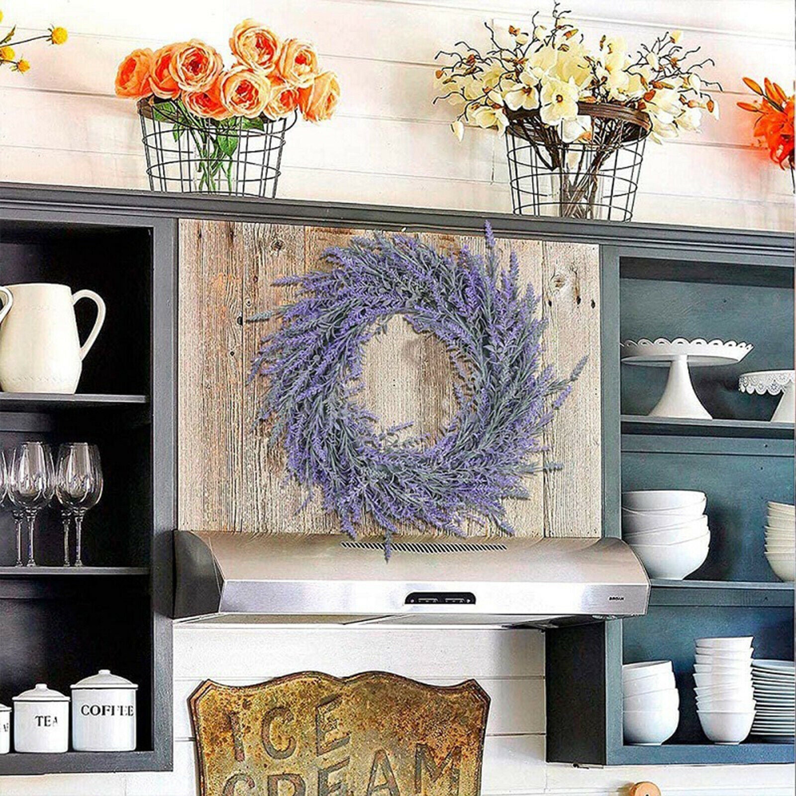 18'' Artificial Lavender Wreath Greenery Garland Front Door Home Decorations