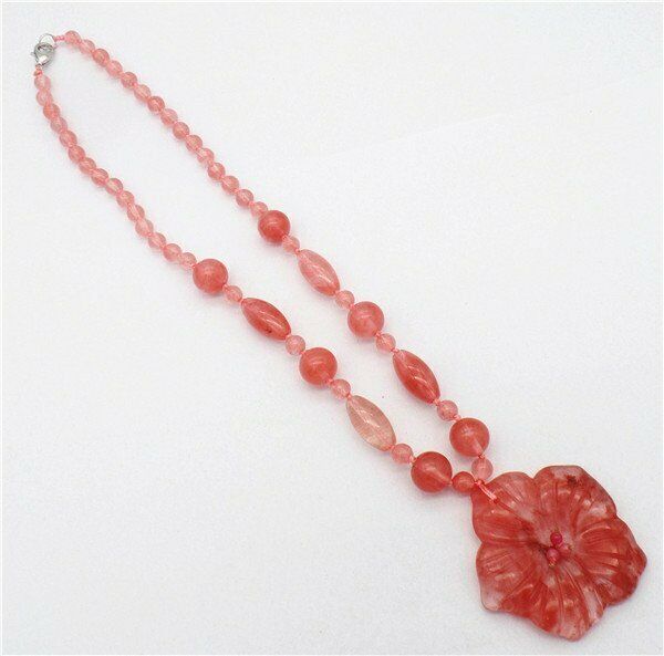 1 Strand 50x8mm Red Cherry Quartz Carved Flower Pendant Beaded Necklace HH7342
