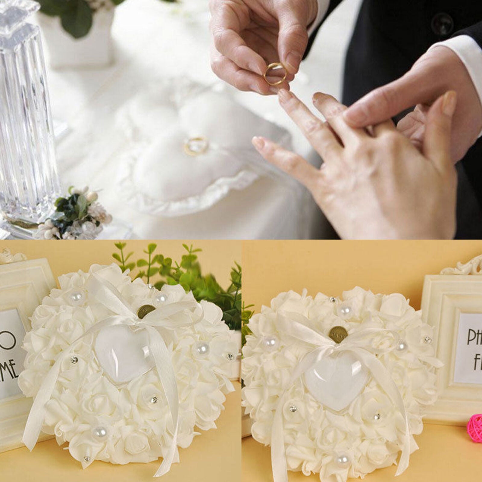 Wedding Ceremony White Satin Crystal Flower Ring Bearer Pillow Cushion Gifts