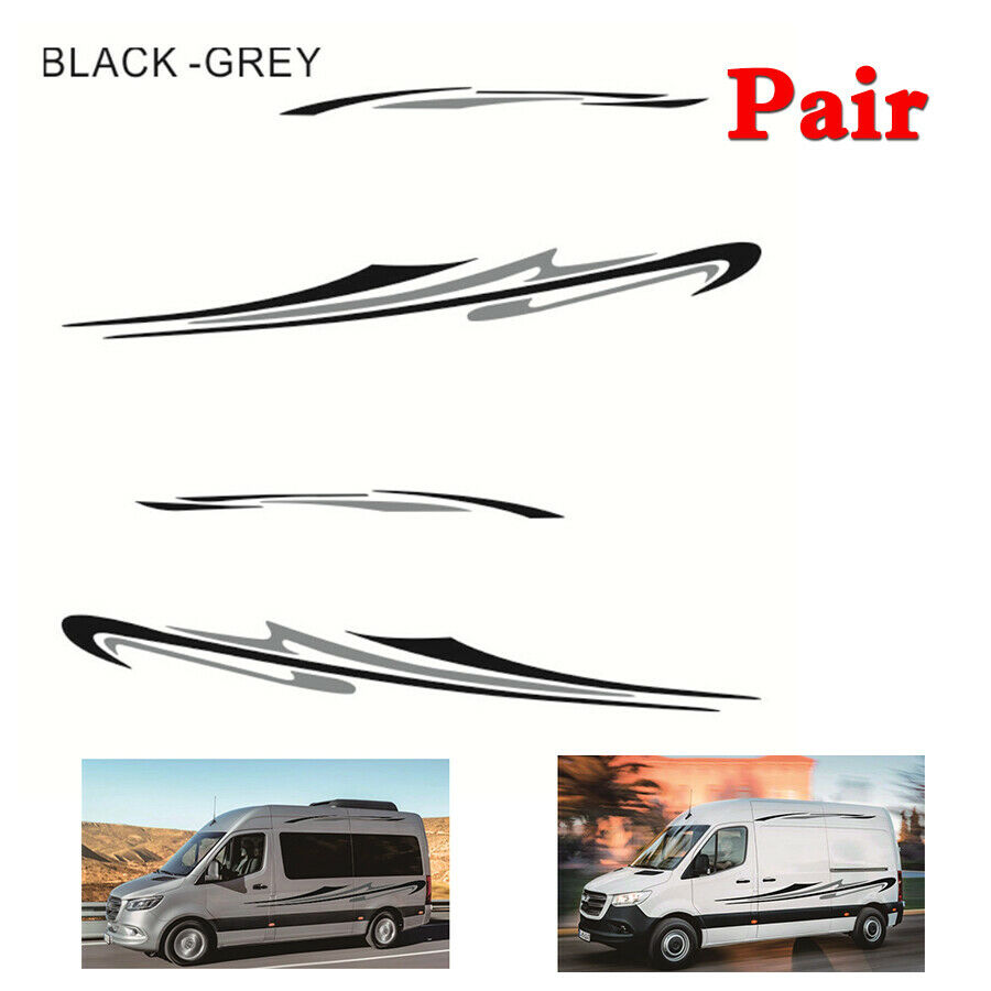 2x Car RV Side Body Decals Stripes Stickers Sports Styling Decoration Black+Gray