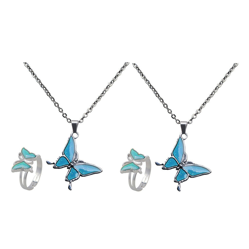 2 Pieces Color Change Mood Emotion Necklace Jewelry Set Ring Pendant Chain