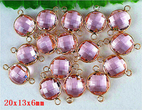 50Pcs Faceted Wrapped Pink Titanium Crystal Round Connector Pendant Bead HH814