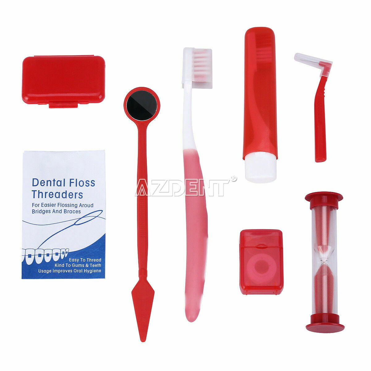 10 Kits Dental Orthodontic Brush Ties Toothbrush Floss Oral Care Kit Red AZDENT