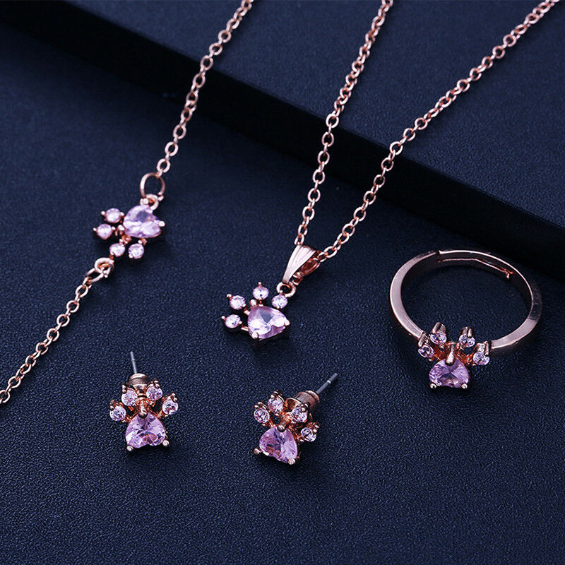 4X Footprints Paw Jewelry Set Crystal Necklace Bracelet Ring Earings Hot .l8