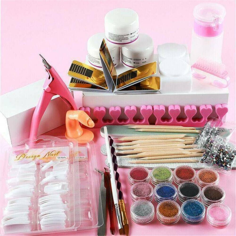 1 Set Full Acrylic Powder Nail Art Tool Set Tips Brush Manicure Tool Kit Lot ~